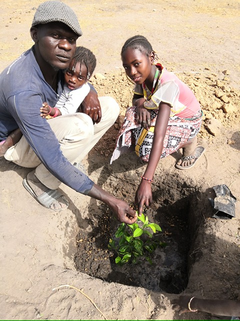 Un père et ses enfants autour arbre